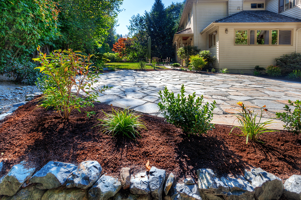 landscape of paving stones with mulch and shrubs in fall season